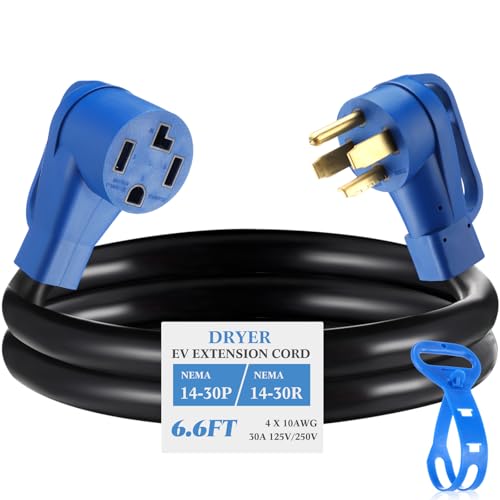Kanayu 6.6 FT 4 Prong Dryer/EV Extension Cord 30 Amp NEMA 14-30P to 14-30R for Level 2 EV Charging and Dryer Power Flexible Cable STW 10 Gauge Cord with Grip Handle ETL Listed (Blue and Black)