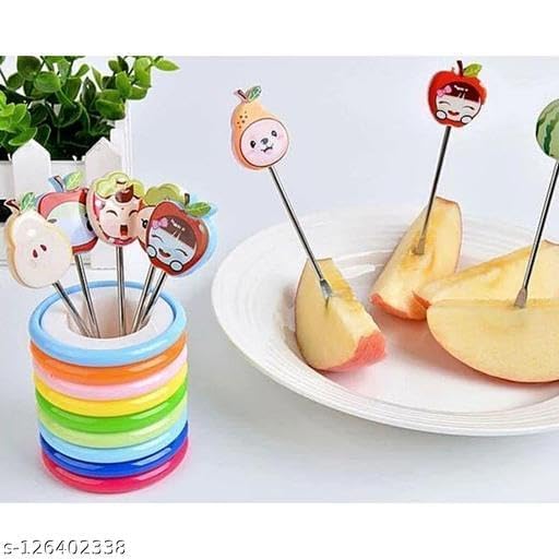 Image of Baby Self Feeding Spoon and Fork Set with Travel Case Stainless Steel Kids Cutlery Toddler Training Utensils Color as per Stock (Fruit Forks with Rings Stand)