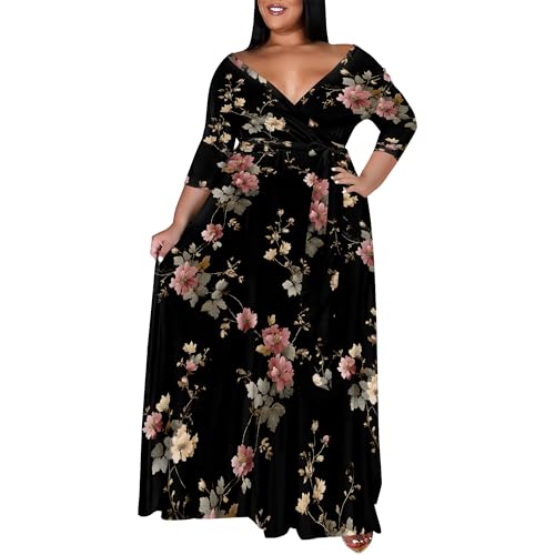 Image of SUZONANA Plus Size Maxi Dresses for Curcy Women Casual Loose 3 /4 Sleeve Long Dress with Belt