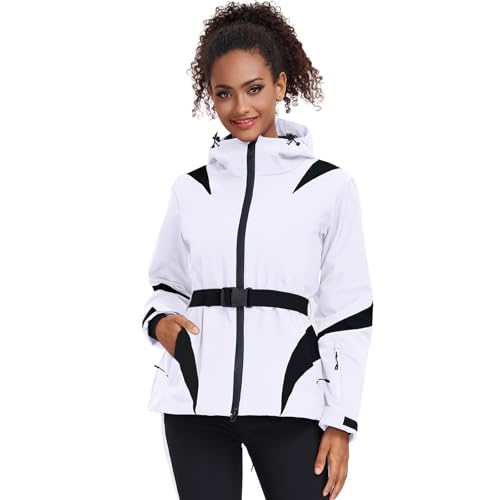 ALSOGO Casacos de esqui para mulher impermeável isolado snowboard montanha com capuz casaco de neve casaco com cinto, Branco, L