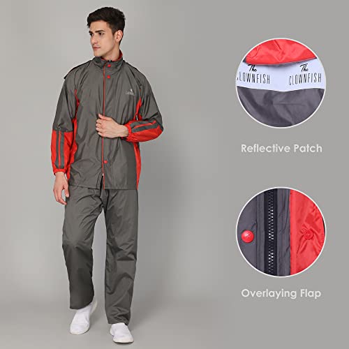 Image of THE CLOWNFISH Solomon Series Men's Waterproof Polyester Double Coating Reversible Raincoat with Hood and Reflector Logo at Back. Set of Top Bottom. Printed Plastic Pouch Rope
