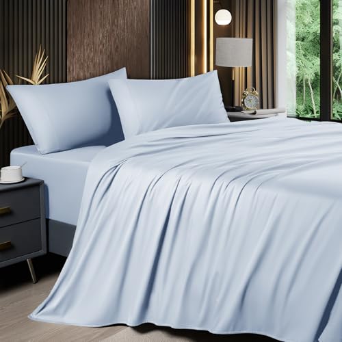 Image of Shilucheng 4 Piece Queen Sheet Sets, Cooling Sheets, Blend Rayon Derived from Bamboo, Deep Pocket Up to 16 inch, Breathable & Soft Bed Sheets, Hotel Silky Bedding Set, Sky Blue