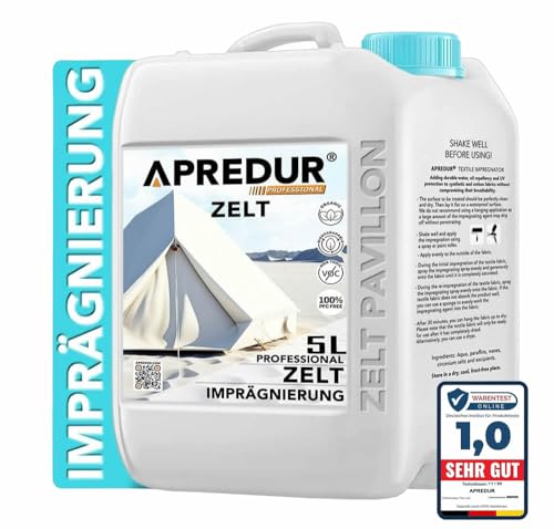 APREDUR 5L Zelt PAVILLON Camping Jurte Glamping Imprägniersprey Imprägniermitel für synthetische und Baumwollstoffe Lösemittel und PFC-Frei (5L Kanister)