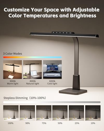 LED Desk Lamp for Home Office with Base, Dimmable Eye-Caring Computer Light with Memory & Timer Functions, Flexible Gooseneck Touch Control Architect Desk Light for Reading, Study, Workbench (Black) - Image 3