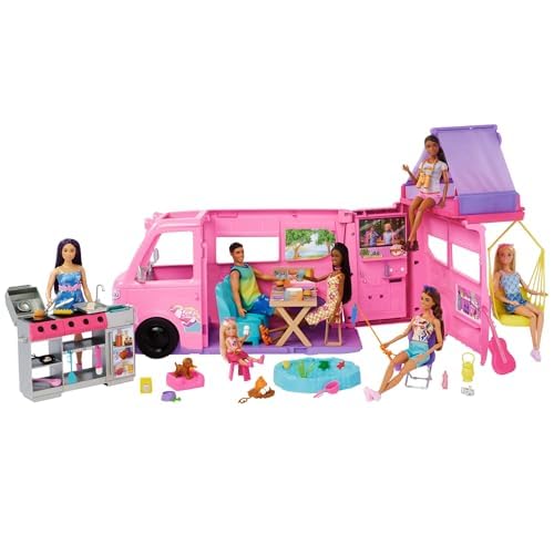 Image of Barbie Dream Camper Playset with Roof Tent, Swing Chair, Fishing Pond, BBQ Grill with Color-Change Feature & 60+ Accessories Including Dough