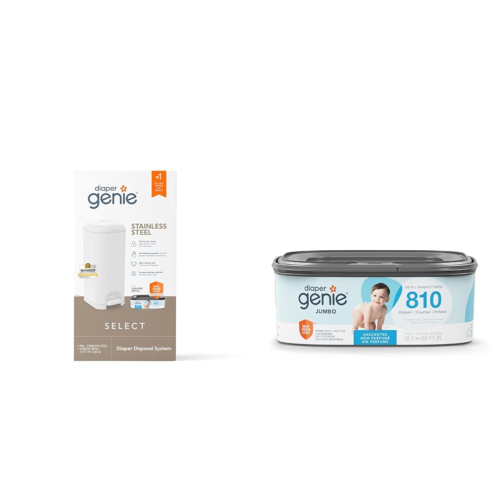 Bundle of Diaper Genie Select Pail is Made of Durable Stainless Steel with 1 Starter Square Refill (165 Count) + Diaper Genie Jumbo Square Refill (810 Count)