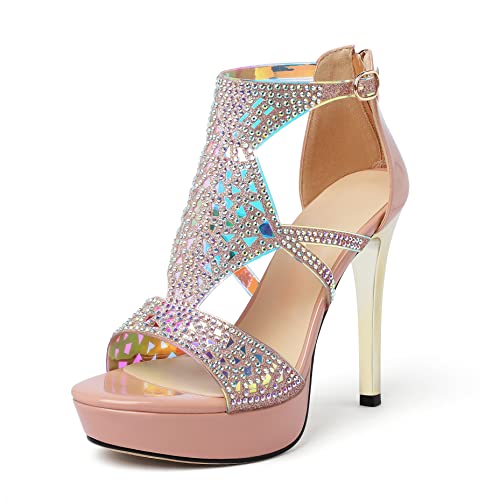 Eldof Women's Open Toe High Heels Platform Sandals, Strappy High Heeled Sandals With Rinestones, Cutout Gladiator Heels For Dress Party Evening Summer Patent Beige Us 9 #TOP25