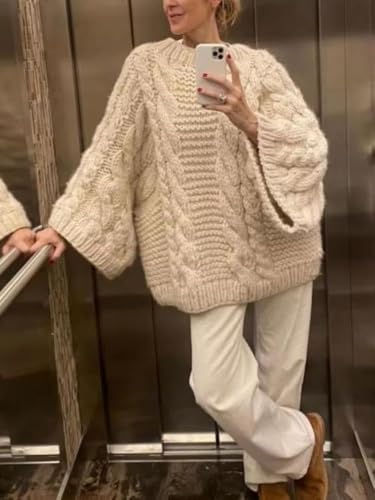 Women's Casual Oversized Sweaters Y2K Chunky Knit Pullover Tops Loose Sleeves Crew Neck Cable Knitted Sweater Tops2