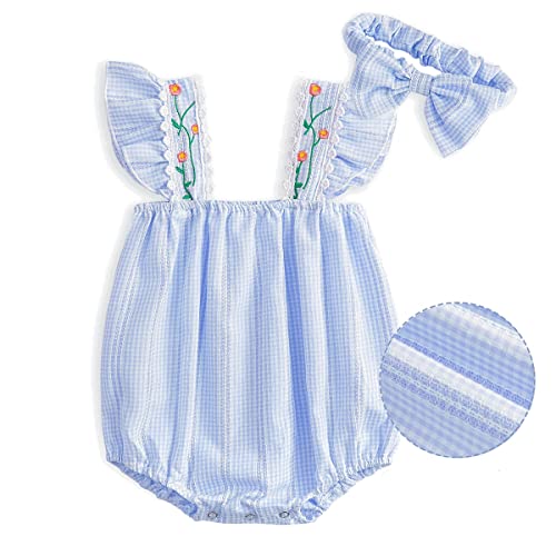 Simplee Kids Baby Girls Embroidered Romper Dress Floral Romper Ruffle Outfit Infant Sleeveless Lace One-Piece Blue Jumpsuit For 3 Months #TOP24