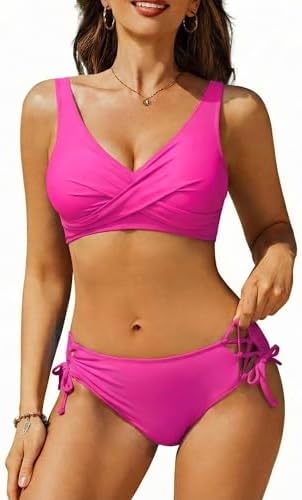 Ekouaer Bikini Damen Set Verstellbare Badeanzug Zweiteiliger S-XXL | Wickeloptik, Kreuzdesign, V-Ausschnitt, Push Up, Gepolstert, Bauchweg, Rückenschnürung, Strand & Pool
