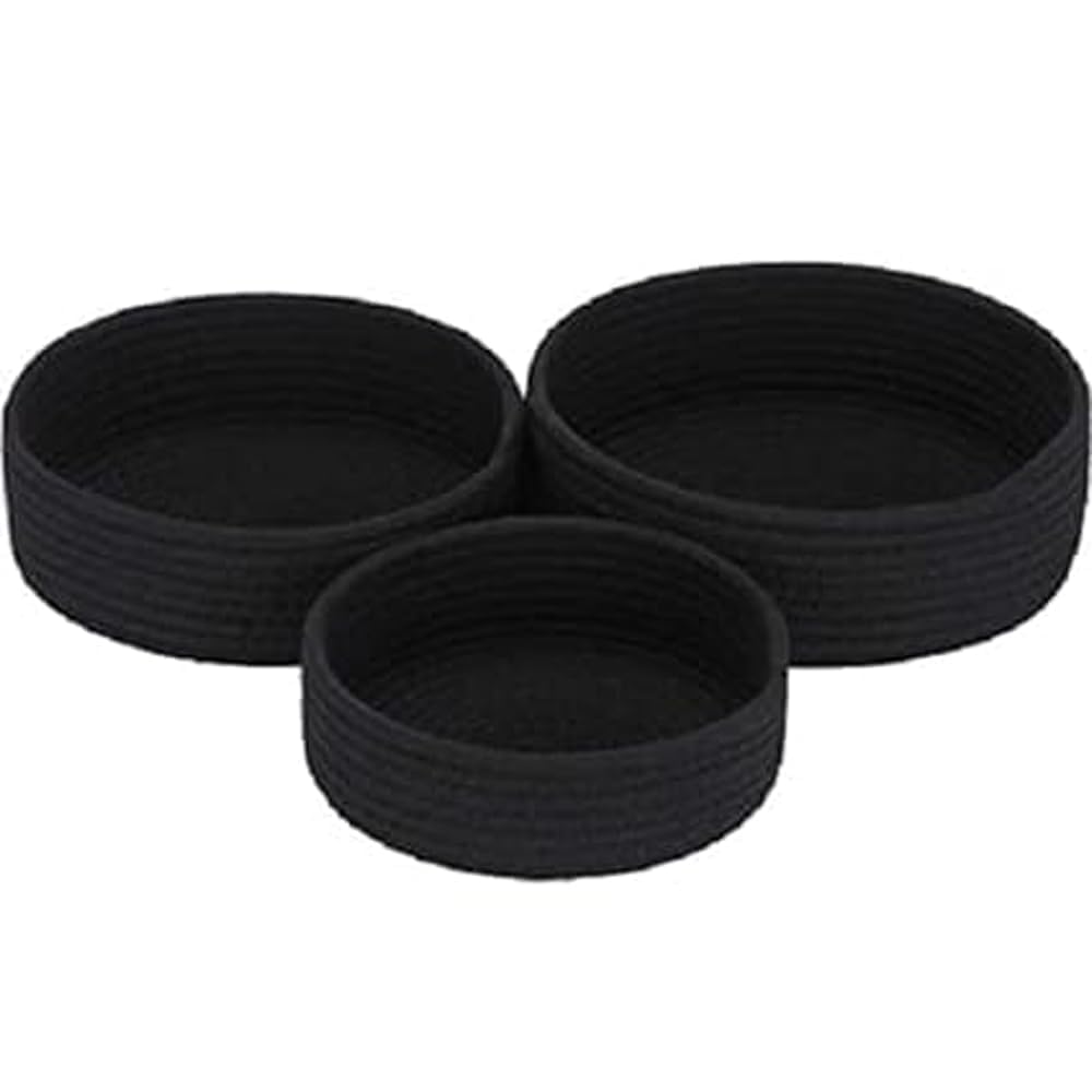 TRENDOZE 100% Natural Jute small box mini rope paper storage Round hamper baby nursery tray bucket for Living Kitchen, Office, Drawing Room,fruits, kitchen, office, (BLACK SET OF 3)