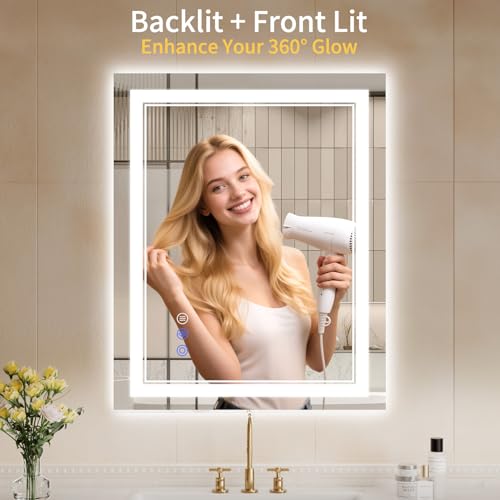 Image of 24 inchx30 inch LED Bathroom Mirror with Lights, Anti-Fog, Backlit + Front Lit, Dimmable, Led Vanity Mirror for Wall, Lighted Bathroom Mirror, 3 Colors, Shatter-Proof Tempered Glass