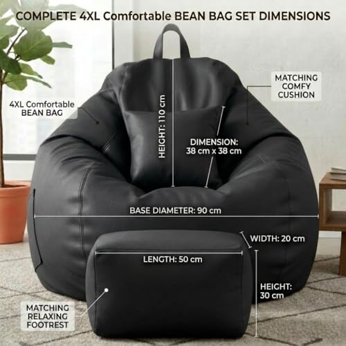 Image of KAM'S LIEU 5XL Luxury Faux Leather Bean Bag with Footrest & Cushion | Pre-Filled High-Density Polystyrene Beans | Premium Leatherette | 6 Months Warranty Color- (Black, Without Footrest)