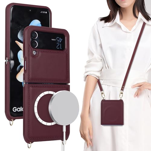 Cavor for Samsung Galaxy Z Flip 4 Case Magsafe,Z Flip 4 Magsafe Case for Women,Phone Case for Z Flip 4 Case with Strap Crossbody Lanyard? Leather Case Shockproof Protective Case-Wine Red