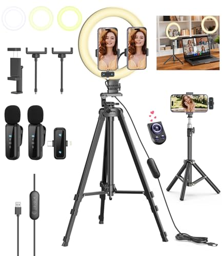 Vlogging Kit for iPhone/Android, 10'' Selfie Ring Light with Stand, 57'' Extendable Tripod, Desktop Tripod, Wireless Microphone - YouTube Starter Kit, Content Creator Essentials for TikTok,Live Stream
