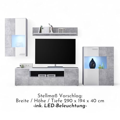 Vulcan Wohnwand Komplett-Set in Beton Optik, Weiß - Moderne Schrankwand mit LED-Beleuchtung für Ihr Wohnzimmer - 290 x 194 x 40 cm (B/H/T) – Bild 4