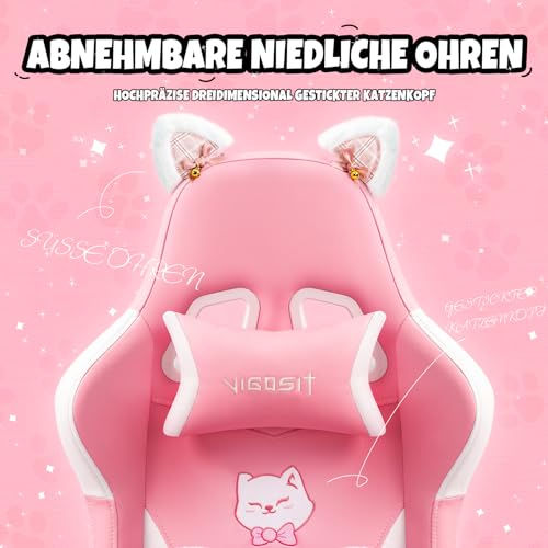 Vigosit Lindo Silla Gaming con Pata de Gato Cojín Lumbar y Orejas de Gato Silla Ergonómica para Gamer con Reposapiés Silla de Juego Ajustable para Niñas Adolescentes Niños Rosa - imagen 7