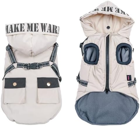 Gyuzh Dog Coat Warm Dog Jacket Winter Coat Paded Dog Fleece Vest Dog Snow Jacket with Zipper Dog Cold Weather Coats with Harness Winter Dog Hoodie with Pockets（White M