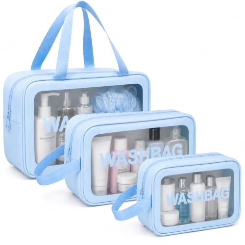 Image of LUMONY Makeup Pouch Bag PVC Travel Toiletries Organizer Cosmetic Bags Wash Bag Pouch for Travel Kit Toiletry Bag Portable Organizer Case Carry Pouch for Women Bathroom Set of 3 (Blue-Colors)
