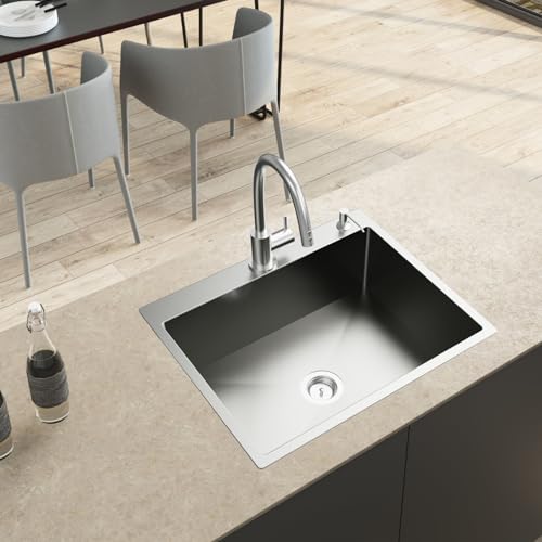 Kitchen Sink, Stainless Steel 27 x 22 Inch Drop In Kitchen Sink Single Bowl Top Mount Kitchen Sink Set - Silicone Mat And Drain Assembly For Modern Kitchen Stylish and Functional - Thumbnail 7