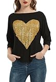PESION Womens Boat Neck 3/4 Sleeve Draped Dolman Tops Sparkly Sequin Heart Shirts Tees, Black+ Gold Heart, Small