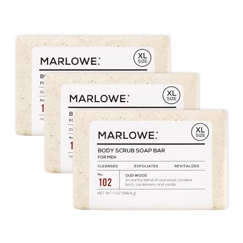 Image of MARLOWE. Body Scrub Soap, Exfoliating Soap Bar, Oud Wood, 7 oz (3 Bars) | Scrub Soap Bar that deeply cleanses and exfoliates while buffing away rough, dry skin. Oud Wood scent.