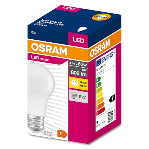 OSRAM LED Aktions Lampe mit E27 Sockel, Warmweiss (2700K), 8,50W, Ersatz für 60W-Glühbirne, matt, LED VALUE CLASSIC A , 10er-Pack