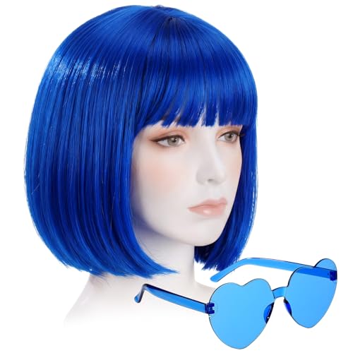 Image of Chunyin 2 Pieces Party Wigs and Sunglasses Set, Neon Short Bob Wig Costume Cosplay Colorful Wig Hairpieces for Bachelorette Neon Party Favors, Halloween, Decorations (Blue)