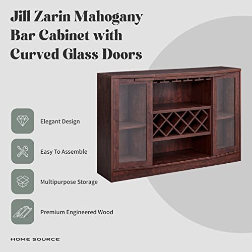 Home Source - Jill Zarin Stylish, Elegant Indoor Home Mahogany-Colored Bar Cabinet With Curved Glass Doors, Built-In Wine Rack, Lower Wine Cabinet, Liquor Cabinet - Mahogany-Colored Wood #TOP1