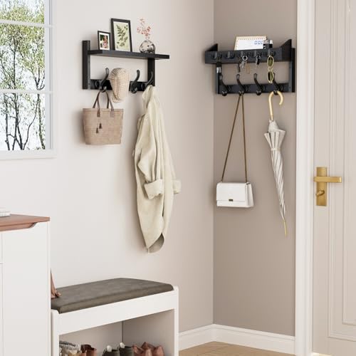Image of Evermagin 35 inch Coat Rack Wall Mount with Shelf, 4 in 1 Coat and Key Hanger with 13 Metal Hooks, Entryway Wall Mounted Shelf with Mail Holder for Living Room, Bedroom, Black