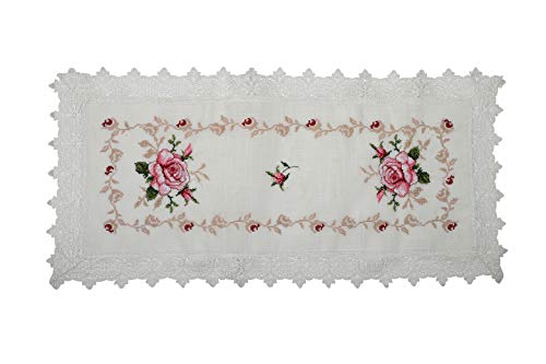 Image of MONKDECOR (O.F) Cut Work Cross-Stitch Embroidery Centre Table Runner (Size-16x33 Inches)- White & Pink Color