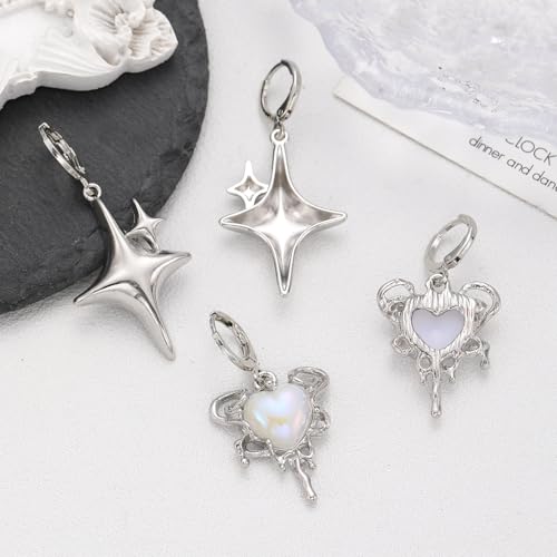 Y2K Earrings Moonstone Star Heart Drop Moon Punk Goth Dangling Earrings Aesthetic Jewelry Gift 4Pairs4