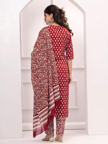 Image of Tee Projekt Women's Cotton Blend Floral Straight Kurta Pant with Dupatta Set ll Mandarin Collar