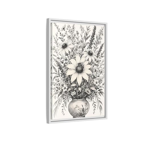 Toile florale monochrome avec cadre blanc premium 3 cm pour salon chic et épuré