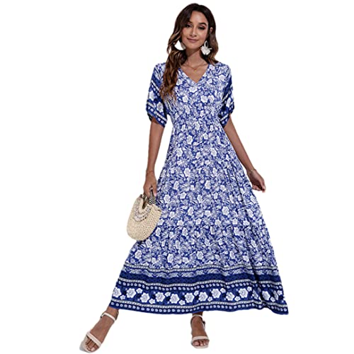 Robe longue d'été contre la chaleur : l'alternative fluide bohème bleue à col en V taille L