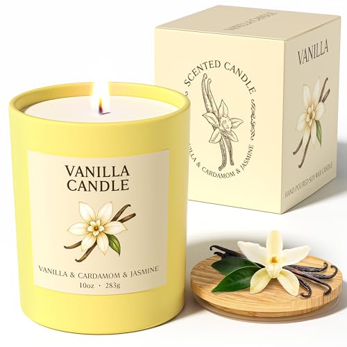 NORVENCE Vanilla Candle Vanilla Scented Candles for Women 10oz Soy Candles with Bamboo Lid for Home Scented Birthday Gifts for Women and Men Hand-Poured Candle for Relaxation Home Decor