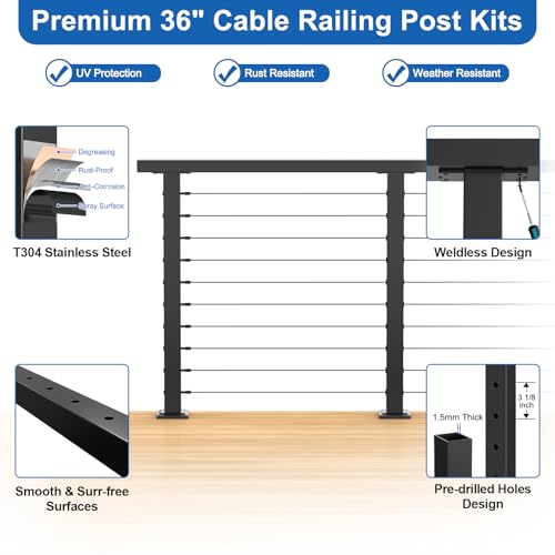 Image of 4ft-8ft Complete Set 36 inch Cable Railing Post with Handrail Cuttable, 2 Pack Surface Mount Flact Top Level-Drilled Posts, 150ft 1 /8 inch Wire Rope, Swageless Black Cable Railing System Kit, MY20-LP