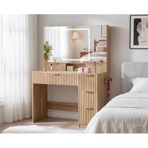 COMHOMA Vanity Desk with 3-Way Mirror and Lights, Makeup Vanity with 360° View Mirror, 3 Lighting Modes, 6 Drawers,Storage Cabinet Fluted Wood Vanity Table with Jewelry Hook for Women Girls