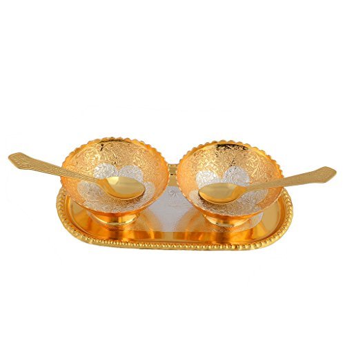 R Ayurveda Copper Metal Floral Round Bowl Set 5 Pieces Set in (Red Velvet Imitation Jewelry Box with Gift Ribbon) Pack of 1 Box, Tray Bowl Set Silver and Gold Plated for Return Gift, 100 ml