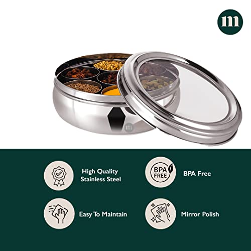 MARU Stainless Steel Belly-Shaped Masala Dani & Dabba with See-Through Lid: The Perfectly Designed Elegant Spice Box for Stylish Kitchen Organization and Effortless Cooking
