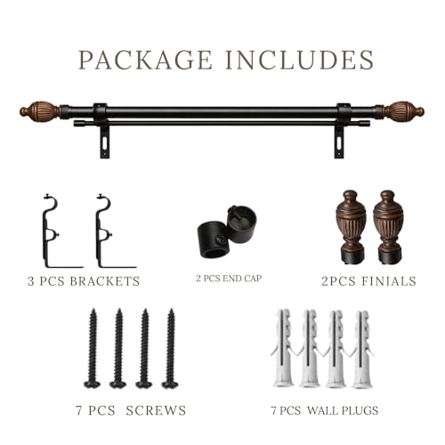 Image of 48 inch-88 inch Adjustable Double Curtain Rod For Door & Windows With Brackets Set Curtains Hanging Extendable Iron Metal Pipe Holder With Carved Brown Wood Finial (Black, 0.75 inch Diameter)