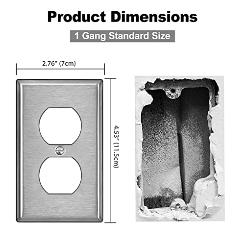 [5 Pack] Bestten Duplex Metal Wall Plate With Ｗhite Or Clear Plastic Film, 1-Gang Standard Size, Anti-Corrosion Stainless Steel Outlet And Switch Cover, Industrial Grade, Brushed Finish, Silver #TOP5