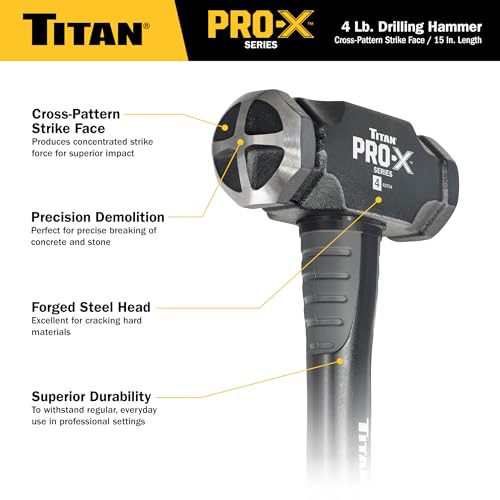 Image of Titan Pro-X 63704 4lb Drilling Hammer, Dual-Face Sledge with Cross-Pattern Face for Concentrated Power & Flat Face for Stake Driving, Overstrike Protection, 15 inch Fiberglass Handle with Textured Grip