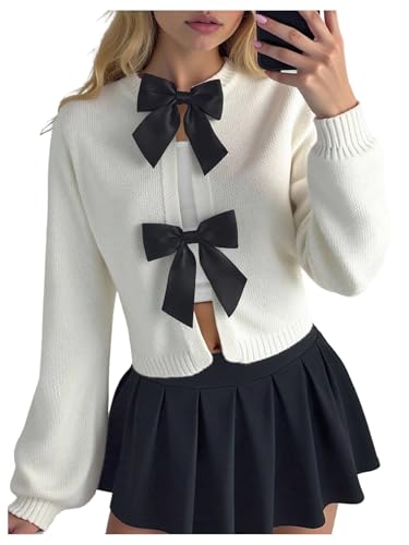 Milumia Girl's Y2k Bow Knot Cropped Cardigan Long Sleeve Crewneck Casual Sweater Tops