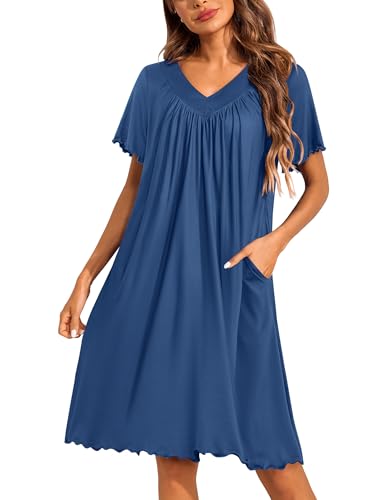 Image of Ekouaer Nightgowns for Women Short Sleeve House Dress with Pockets Pleated Soft Moomoo V Neck Sleepwear