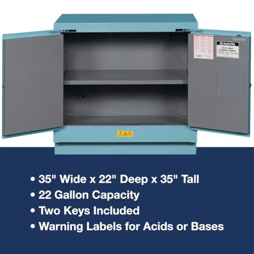 Image of Justrite Acid Corrosive Storage Cabinet - 22 Gallon 2 Door Self Close Chemical Storage Cabinet with ChemCor Coating - 22 inch x 35 inch x 35 inch - Made in The USA - Light Blue - 8923222