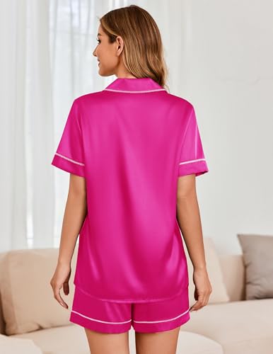Image of Ekouaer Womens Satin Silk 2 Piece Pajamas Set Short Sleeve Sleepwear | Button Down Top and Shorts Loungewear Set for Sleep, Home, Wedding, Travel, Party, Daily Wear & Great for Sharing