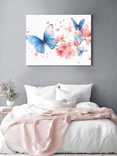 Vandaluuki アートパネル 桜 花 青い蝶 ホワイトバック アートボード ポスター 40x30cm 壁掛け 壁画 壁飾り 部屋飾り 飾り絵 絵画 インテリア ソファの背景画 完成品 モダン 現代 玄関 部屋 リビングルーム ギフト