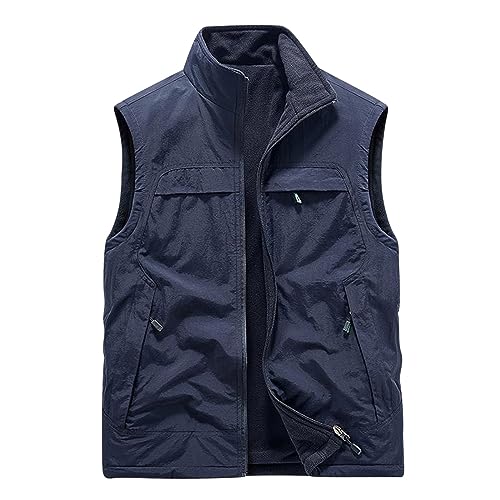 Men's Casual Lightweight Outdoor Work Fishing Travel Vest Multi Pockets Stand Collar Zip Vests Solid Waistcoat