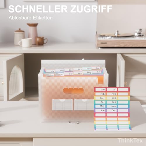 ThinkTex Accordian Aktenordner, 12 Fächer, erweiterbare Aktenordner, tragbarer monatlicher Rechnungsbeleg-Organizer, bunte Registerkarten, A4-Größe – Orange